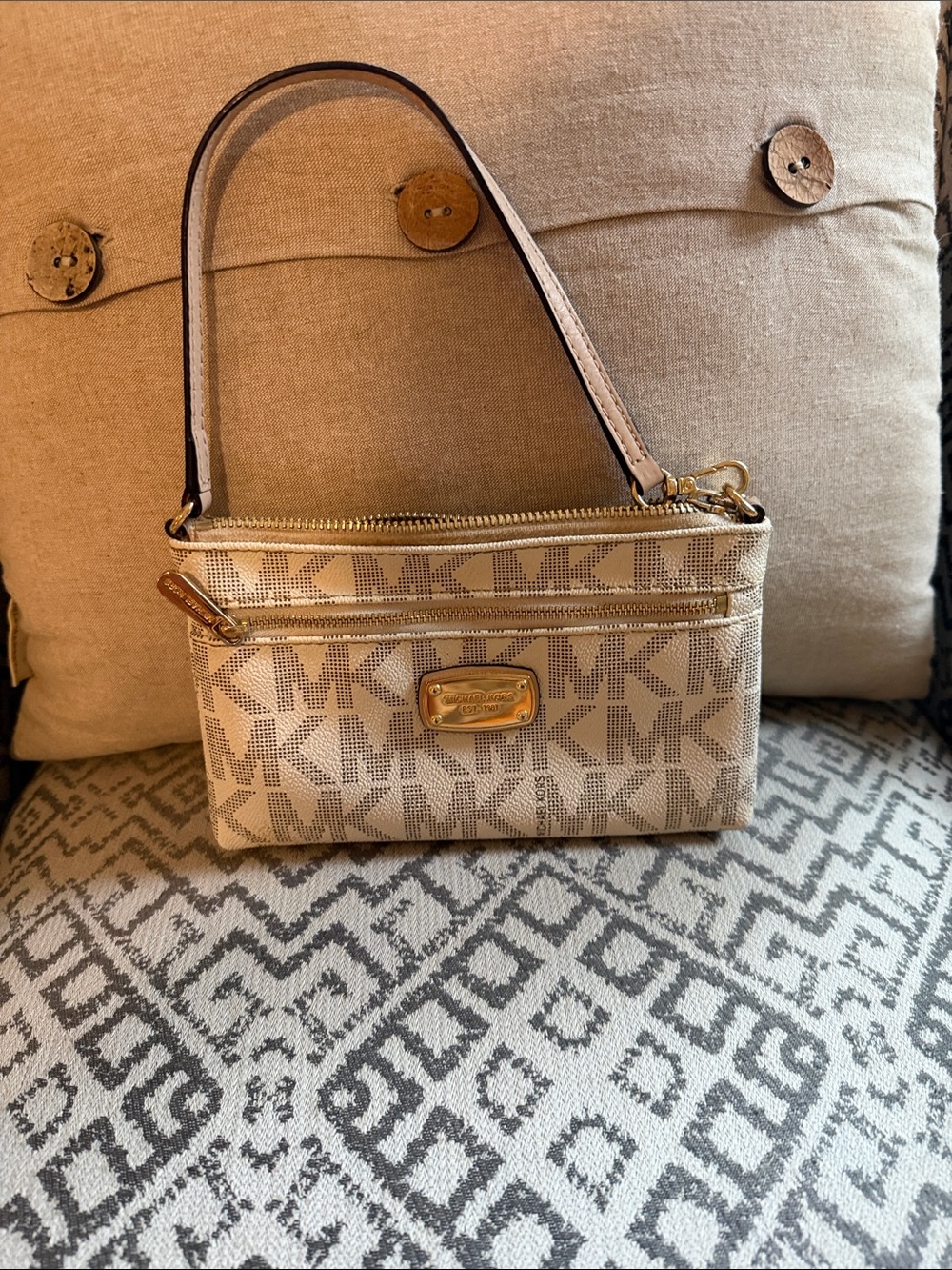 Michael Kors Cream/Tan Signature MK Mini Wristlet